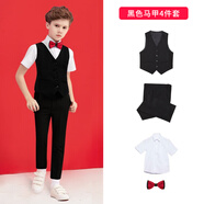 鼎瑪仕花童禮服男女童套裝六一兒童節(jié)主持人合唱表演服小學(xué)生背帶褲校服 男童黑色馬甲短袖長褲4件套 120碼 身高110-120cm 重39-45斤