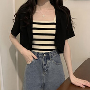 妙奕嘉防曬針織開衫女配長裙子短上衣夏季薄款外搭新款吊帶罩衫坎肩 短袖開衫【黑色】 均碼