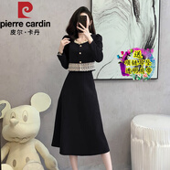 皮爾卡丹（pierre cardin）赫本風(fēng)小禮服法式復(fù)古氣質(zhì)絲絨泡泡袖小黑裙連衣裙高腰顯瘦打底裙 黑色 M 95-105斤