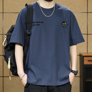 十只鶴夏季重磅純棉短t恤男士寬松大碼圓領半袖上衣男生休閑印花體恤衫 寶藍（230克重磅純棉印花T恤） XL （145-160斤）