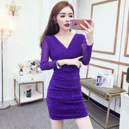 欲動(dòng)夜店女裝足浴會(huì)所新款深V低胸修身包臀短裙荷葉邊夜場(chǎng)性感連衣裙 紫色【長(zhǎng)袖9111款】 M (90-100斤)