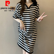 皮爾卡丹（pierre cardin）大l碼復(fù)古條紋連衣裙女夏季微l胖休閑裙子胖遮肚子顯瘦t恤裙針織 黑條紋 M碼(建議90~100斤)