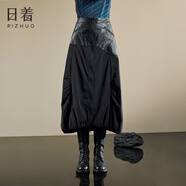 日著RIZHUO【商場同款】A字裙半身裙2025秋季新女拼接PU皮高腰裙 凌黑 XL