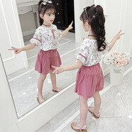 迪士尼（Disney）女童t恤短袖套裝雪紡衫夏季中大童兒童衣服兩件套潮 粉色【上衣+短褲】 120cm