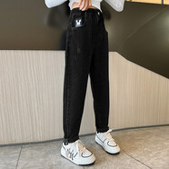童話課堂女童牛仔褲春秋2024新款韓版兒童秋裝闊腿長褲女大童直筒褲子寬松 2401黑色 140碼建議身高125-135厘米左右