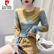 皮爾卡丹（pierre cardin）網(wǎng)紗扎染透氣打底衫女2025秋季歐貨修身洋氣減齡印花長(cháng)袖T恤上衣 9680# M 建議90-105斤