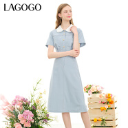 LAGOGO淺藍色時(shí)尚百搭工裝連衣裙女士拉谷谷夏季新款收腰短袖裙子 淺藍色(N8) XL