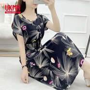 UKMR棉綢碎花連衣裙蝙蝠袖波西米亞中長款海邊渡假沙灘碎花人造棉裙子 蝙蝠袖煙花 3XL 建議140-150斤