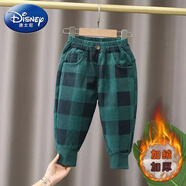 迪士尼（Disney）新款寶寶兒童燈芯絨加絨加厚褲子男中小童秋冬季休閑小孩保暖棉褲 格子加絨褲子(綠色) 100 建議身高100