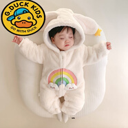 G.DUCKKIDS嬰兒2024冬季彩虹小兔子連體加絨加厚毛毛衣女寶寶冬裝保暖爬爬服 粉紅色 66cm