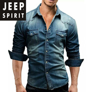 JEEP SPIRITSPIRIT男裝長(cháng)袖襯衫男士春秋新款休閑純色拼接歐美牛仔襯衣外套男 深藍 XL