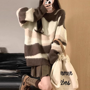 凡小如毛衣女秋冬保暖美拉德慵懶針織衫外穿條紋套頭寬松穿搭中長款上衣 棕色 均碼 【建議80-120斤】