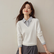 熙世界假兩件針織衫女士2025春季設計感長(cháng)袖毛衣襯衫領(lǐng)打底衫上衣 氧氣白 XL