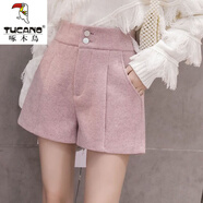 啄木鳥(niǎo)加厚毛呢短褲女秋冬季2025新款外穿松緊高腰顯瘦百搭闊腿打底靴褲 6108粉色 L 【100-115斤】