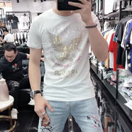 南極人（Nanjiren）夏季男士短袖T恤韓版修身老鷹亮片燙鉆歐貨潮牌體恤男半袖 D115白色 5XL （建議180-200斤）