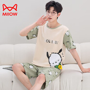 貓人（MiiOW）純·棉男士睡衣青少年寬松大碼家居服套裝夏季短袖卡通夏天男款 短袖短褲-Q1396淺綠小白 L 少年版-【85-95斤】