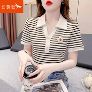 紅蜻蜓純棉彩虹條紋短袖t恤女2025夏季新款修身POLO領純棉半袖體恤上衣 8802polo領小花朵#短袖黑色 XL 【116-130斤】