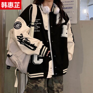 韓惠芷秋冬季美式棒球服刺繡ins潮流韓版寬松學(xué)生外套女學(xué)院風(fēng)夾克加絨 Y38黑色春秋款 【皮袖雙層有內(nèi)里】 M 【80-100斤】