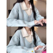 CTOX學院風短款POLO領毛衣女春秋冬高腰設計感兩件套針織上衣2024新款 藍色 M 建議95-110斤