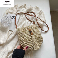 酷奇袋鼠 KQ夏天夏季款精致小包包女2026七夕潮森系海邊度假草編包流蘇單肩包 米白色編織包