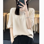 羅蒙（ROMON）2025夏薄款純針織短袖t恤女V領(lǐng)T恤寬松顯瘦透氣短袖大碼上衣女裝 米白色 均碼