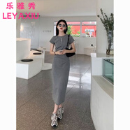 樂雅秀修身款收腰顯瘦褶皺設(shè)計感長款連衣裙女過膝短袖圓領(lǐng)韓版休閑長裙 灰色長款 L 建議100-115斤內(nèi)