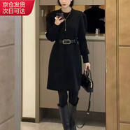 確彤秋冬配長靴內搭打底可外穿小個子收腰泡泡袖針織毛線連衣裙女 黑色（帶腰帶） XL