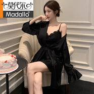 莫代爾帶胸墊睡衣女夏季天吊帶性感冰絲睡裙女2025新款純欲高級感家居服 黑色【帶可拆卸胸墊-裙袍兩件套】 L 100-120斤