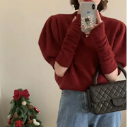 2024春秋法式感紅色套袖毛衣女韓系時髦泡泡袖短款針織衫上衣 紅色 S
