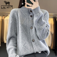 牧蘭奴卡羊毛衫女全羊毛半高領(lǐng)絞花加厚毛衣外套寬松慵懶針織衫上衣秋新款 灰色 L