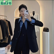 艾妃琳假兩件西裝外套女拼色時尚休閑小個子韓版鹽系美拉德西服上衣 黑色 XS