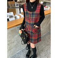 艾美琦美（AIMEIQIMEI）法式小香風(fēng)格子背心裙子女兩件套裝女春秋2025新款復(fù)古毛呢連衣裙 紅色格子裙 L