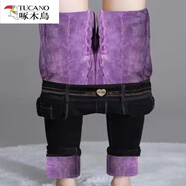 啄木鳥(niǎo)（TUCANO）高腰蠶絲棉褲加絨牛仔褲女2025年新款冬季加厚保暖外穿顯瘦小腳褲 黑色金絲絨紫色內里 2XL 體重125-135