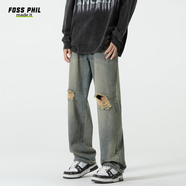 Foss Phil牛仔褲子男士春秋季百搭復古破洞闊腿寬松休閑直筒褲502復古藍XL