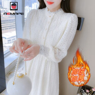 AEMAPE加絨加厚蕾絲打底連衣裙女春秋季2025年新款法式溫柔風(fēng)裙子女裝 杏色加絨 M