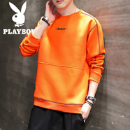 花花公子（PLAYBOY）衛衣男士秋冬季加絨厚大碼寬松圓領(lǐng)長(cháng)袖T恤休閑情侶打底衫上衣服t 桔紅【常規】 M