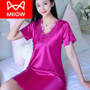 貓人（MiiOW）性感女士睡裙女夏季款冰感蕾絲可外穿冰仿真絲大碼夏天寬松睡衣裙 8688桃紅 3XL 【145 160斤選】