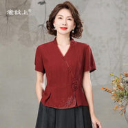 意枕上媽媽婆婆新款婚宴禮服套裝真絲香云紗高貴洋氣小衫上衣中式兩件套 紅色【單紅色上衣】 XL 105-115斤