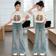 熙克賓威童裝女童夏裝新中式套裝2024新款女孩國風(fēng)兒童牛仔褲夏季兩件套 白色T恤 130