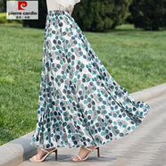 皮爾卡丹（pierre cardin）雪紡高腰A字半身裙新款夏天溥款大擺波西米亞碎花中長裙 清新綠葉 松緊腰  中長款 【裙長75cm左右