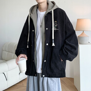 普戈斯（PUGESI）棒球服男外套春秋季胖子加大碼新款潮流寬松百搭拼色圓領(lǐng)夾克 J853黑色春秋連帽款 L