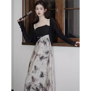 妍莉芬（yanlifen）吊帶連衣裙新中式女裝中國風(fēng)女2025夏季新款衣服水墨暈染裙子夏天 906黑色開衫+吊帶裙 M