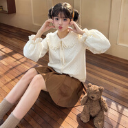 森女部落原創(chuàng  )甜美蕾絲寬松娃娃領(lǐng)長(cháng)袖襯衫女新款秋冬女裝 杏色（單件） L