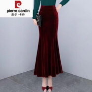 皮爾卡丹（pierre cardin）金絲絨裙子女春秋2024中長裙感氣質(zhì)垂感包臀魚尾裙半身裙針織 酒紅色 5XL 建議 150-160斤