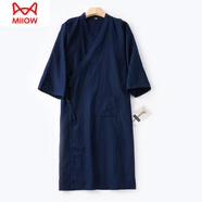 貓人（MiiOW）純棉睡袍長袍家居服連體睡衣浴袍古風(fēng)大碼禪服寬松中國風(fēng)漢服薄款 藏青 L（140-160斤）