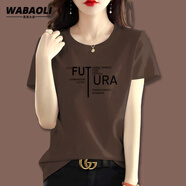 WABAOLI高端品牌 短袖T恤女薄款夏季寬松正肩圓領(lǐng)半袖女士體恤上衣百搭 深咖啡色（FUTURA英文） XL （建議身高120-130斤）