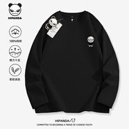 HIPANDA重磅純棉春秋季新款男士長袖t恤寬松圓領青少年美式簡約休閑上衣 【純棉】-黑#JDP小熊貓標X L