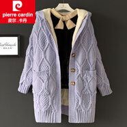 皮爾卡丹（pierre cardin）加厚長袖寬松中長款甜美連帽毛衣外套粗棒針休閑開衫麻花冬女加絨 紫羅蘭 全身加絨 S (80-100斤)