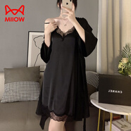 貓人（MiiOW）睡裙女性感吊帶睡衣春秋季約會戰(zhàn)袍睡袍蕾絲純欲風(fēng)家居服套裝 黑色單/件外袍 M 建議85-105斤