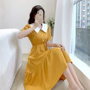 樂(lè )衣嘟2025夏季新款法式連衣裙女娃娃領(lǐng)短袖松緊高腰減齡中長(cháng)款裙 黃色 M